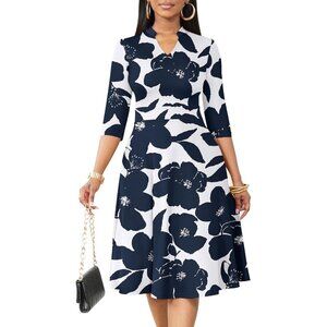 Women White Floral3/4 Sleeve Semi Formal Fit and Flare A-line Dress With Pockets